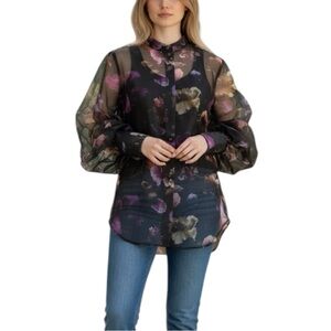 Equipment Boleyn Size M Button Down Silk Sheer Floral Print Blouse